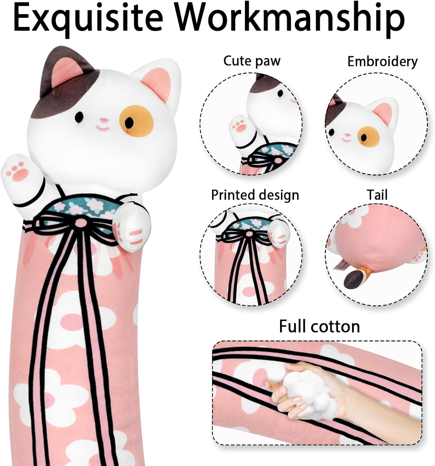70cm Long Cat Plush Body Pillow 28” Cherry Blossom